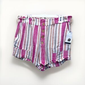 Rip Curl Pink Tan Striped Paper Bag Waist High Rise Shorts Size XL Casual Boho
